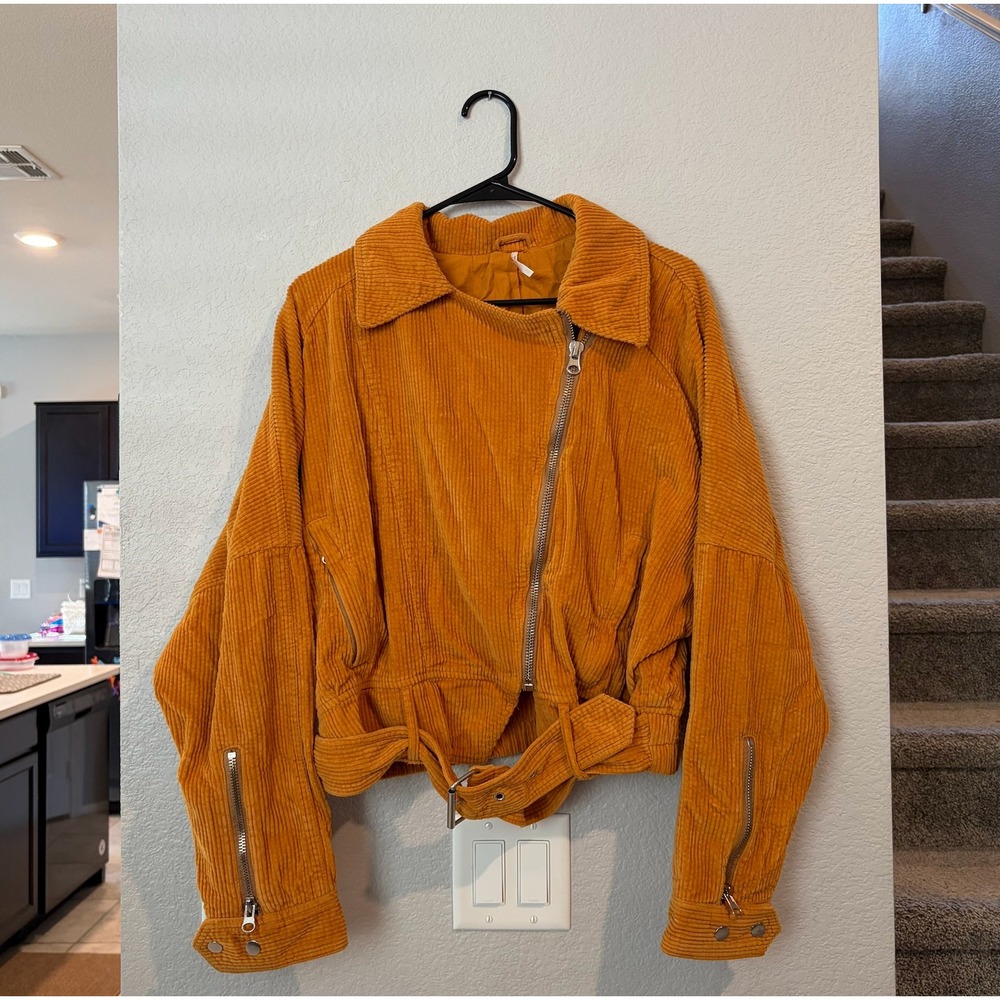 Free People Mustard Yellow Corduroy Moto Jacket Belted Cropped Biker MEDIUM - Picture 2 of 5